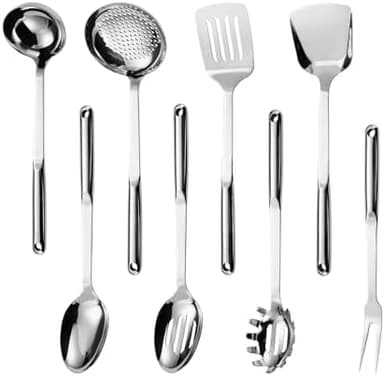 304 Stainless Steel Cooking Utensils Set, 8PCS Kitchen Utensils Set, Include Skimmer, Soup Ladle, Spaghetti Server, Wok Spatula, Slotted Spoon, Solid Spoon, Slotted Spatula Turner & Meat Fork - Image 3