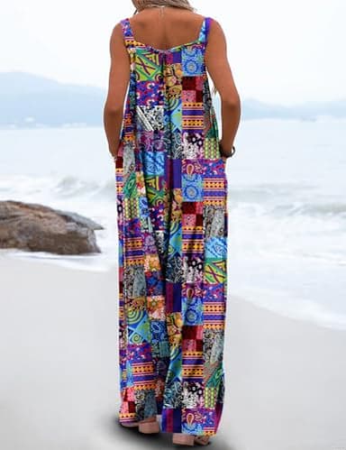 YESNO Women's Summer Casual Overalls Loose Wide Leg Jumpsuits Boho Floral Printed Baggy Rompers with Pockets M PZH P002B - Image 4