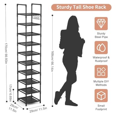 LANTEFUL Tall Narrow Shoe Rack for Entryway, 10-Tier Sturdy Metal Shoe Shelf Storage 10-15 Pairs of Shoes and Boots, Space Saving Corner Shoe Rack Organizer for Closet,Doorway,Garage,Living Room - Image 3