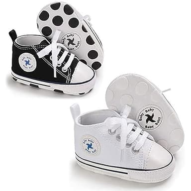 Baby Girls Boys Shoes Soft Anti-Slip Sole Newborn First Walkers Star High Top Canvas Denim Unisex Infant Sneaker (E01-2 Pairs/Black+White, 0-6 Months) - Image 5