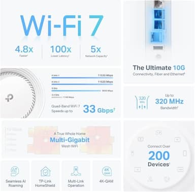 TP-Link Deco BE95 BE33000 Quad-Band WiFi 7 Mesh System - for Whole Home Coverage up to 7800 Sq.Ft w/AI-Driven Smart Antennas, 10G Multi-Gig Ethernet Ports, Replaces Router and Extender (2-Pack) - Image 3