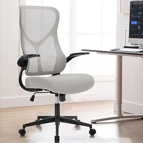 Sweetcrispy High Back Office Chair - Ergonomic Computer Gaming Mesh Chairs with Lumbar Support, with Soft Flip Up Arms, Adjustable Height and 360° Wheels, 120° Rocking Mode, Light Grey - Image 1