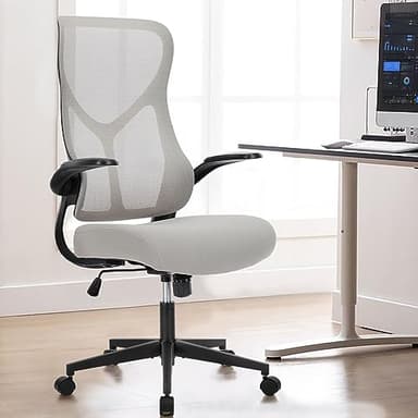 Sweetcrispy High Back Office Chair - Ergonomic Computer Gaming Mesh Chairs with Lumbar Support, with Soft Flip Up Arms, Adjustable Height and 360° Wheels, 120° Rocking Mode, Light Grey - Image 1