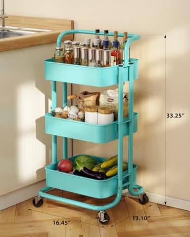 Pipishell 3 Tier Mesh Utility Cart, Rolling Metal Organization Cart with Handle and Lockable Wheels, Multifunctional Storage Shelves for Kitchen Living Room Office Turquoise - Image 3