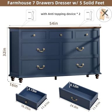 Joaxswe Farmhouse 54" 7 Drawers Dresser for Bedroom, Wide Chest of Drawers w/ 4 Wooden Legs, Vintage Rustic Large Closet Storage Dressers Organizer for Hallway, Wood TV Stand for Living Room, Blue - Image 2