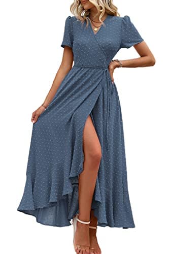 PRETTYGARDEN Women's Summer Wrap Maxi Dress Casual Boho Floral V Neck Short Sleeve Ruffle Hem Split Beach Long Dresses (Z_Blue,X-Large) - Image 1