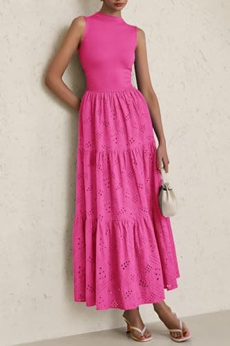PRETTYGARDEN Summer Dresses for Women 2025 Casual Eyelet Sleeveless Wedding Guest Maxi Dress Tank Top Sundress with Pockets (Rose Red,Small) - Image 8