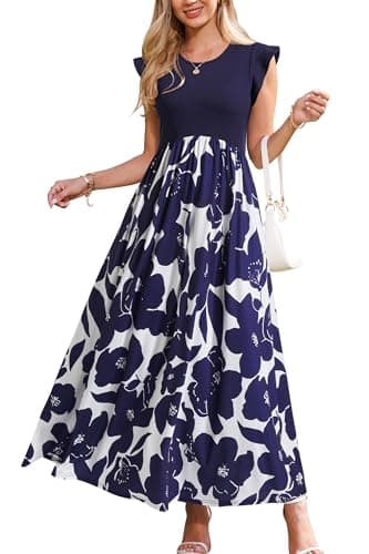 OUGES Women's Spring Dresses 2025 Fashion Outfits Crewneck Summer Maxi Dress Maternity Clothes with Pockets(Floral D,M) - Image 1