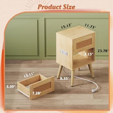WLIVE Rattan Nightstand with Charging Station, Boho Night Stand, Small Bedroom Side Table, End Table with Drawer and Storage, Wood Bedside Tables for Bedroom, Small Spaces, Natural Oak - Image 3