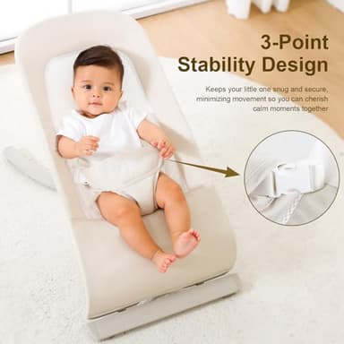 3-in-1 Portable Baby Bouncer & Rocker Chair for Newborn to Toddler - 4 Adjustable Recline Positions, Breathable Cotton Fabric, Natural Vibration, Supports Up to 33 lbs (Oatmeal Khaki) - Image 6