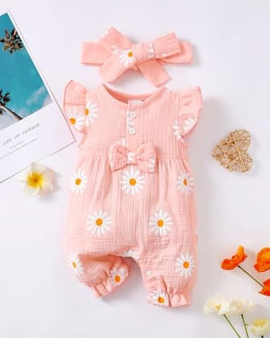 Renotemy Infant Baby Rompers Girl Cotton Linen Short Sleeve Outfits One-Piece Bodysuit Baby Girl Clothes 3-6 Months Daisy Flower Pink - Image 2