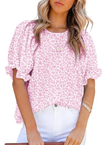 Dokotoo Womens Tops Summer Blouses and Tops Casual Floral Print Crewneck Flowy Smocked Puff Short Sleeve Shirt Stylish Loose Babydoll Blouse Elegant Solid Shirts Top for Teen Girls Juniors Medium Pink - Image 1
