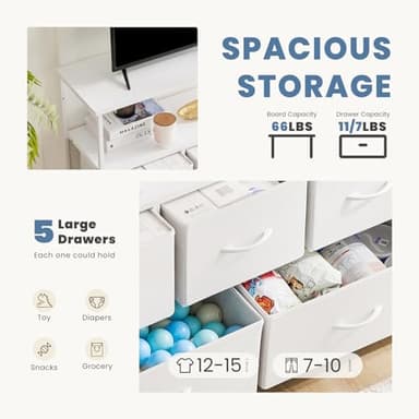 DUMOS TV Stand Dresser for Bedroom Entertainment Center with 5 Fabric Drawers Storage Organizers Units, Media Console Table with Open Shelf up for 45" Television for Living Room, Dorm, White - Image 4