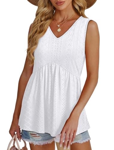 Women's Clothing Beach Vacation Clothes Cowboy Chic Fashion Clothing Summer Tops Fall Deals White Eyelet Tops Sleeveless Empire Waist Top L - Image 2