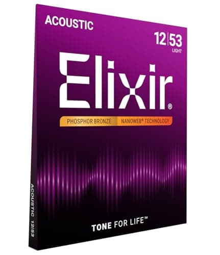 Elixir Strings, Acoustic Guitar Strings, Phosphor Bronze with NANOWEB Coating, Longest-Lasting Rich and Full Tone with Comfortable Feel, 6 String Set, Light 12-53 - Image 1