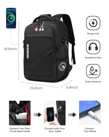 CROSSGEAR Large Travel Backpack Waterproof Laptop Bag Airline Approved Business Office Work Computer Casual Daypacks TSA Lock Anti-Theft Bookbag with USB Port Fit 17.3 inch Laptops for Men Women - Image 5