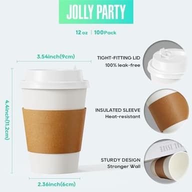 [100 Pack] 12 oz Paper Coffee Cups, Disposable Paper Coffee Cup with Lids, Sleeves, and Stirrers, Hot/Cold Beverage Drinking Cup for Water, Juice or Tea, Suitable for Home, Shops and Cafes - Image 2