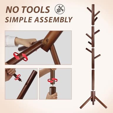 Unisakey Durable Wooden Coat Rack, Freestanding Coat Rack with Stable Triangular Base, 8 Hooks & 3 Adjustable Heights, Simple Assembly for Bedroom, Hallway, Office(New Brown) - Image 6