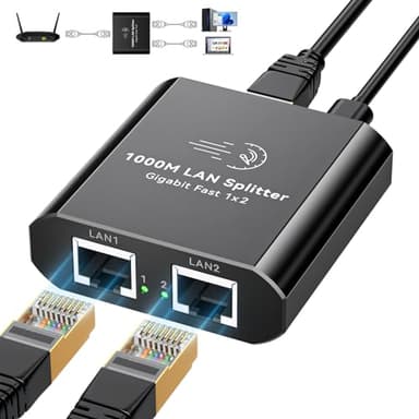 AILVLVNG Ethernet Splitter 1 to 2 1000Mbps Internet Cable Splitter 1 in 2 Out High Speed Either Network Splitter Gigabit Dual LAN RJ45 Port Router Switch Work with Cat6/7/8 Cable - Image 1