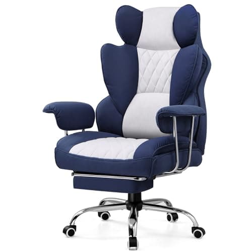GTRACING Gaming Chair,Office Chair with Pocket Spring Lumbar Support, Ergonomic Comfortable Wide Office Desk Computer Chair with Outward Fixed Soft Armrests and Footrest (Fabric, Dark Blue & White) - Image 1