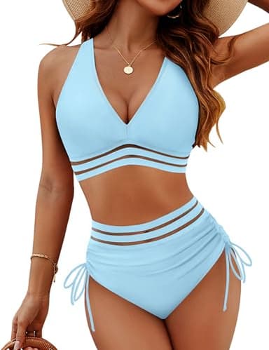 Blooming Jelly Women High Waisted Bikini Sets Tummy Control Swimsuits Mesh 2 Piece Bathing Suit (M, Blue Mesh) - Image 1