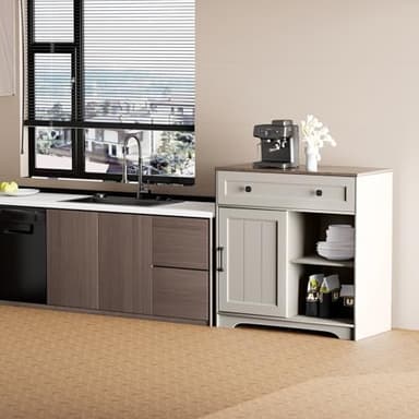 Algglobuy Buffet Cabinet, Coffee Bar Cabinet with a Drawer, Modern Kitchen Storage Cabinet with Adjustable Shelf, Sideboard Storage with Sliding Door, Gray - Image 7