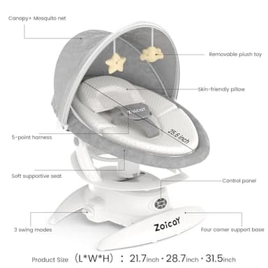 3-in-1 Baby Swing for Infants with Motion Detection, Electric Baby Swing with 3 Swing Modes, 12 Lullabies & 5-Speeds & Removable Swing Seat, BT Enabled & 360°Rotating Seat and Manual Remote, White - Image 6