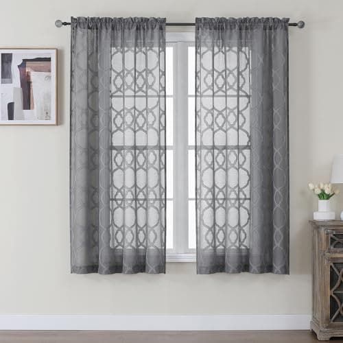 OWENIE Grey Sheer Curtains 63 Inch Length 2 Panels Set for Living Room Bedroom, Light Filtering Geometric Jacquard Clip Textured Short Semi Sheer Curtains, Modern Curtains Drapes, Each 42x63 inch - Image 1
