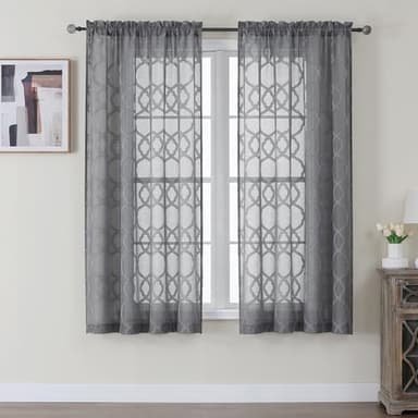OWENIE Grey Sheer Curtains 63 Inch Length 2 Panels Set for Living Room Bedroom, Light Filtering Geometric Jacquard Clip Textured Short Semi Sheer Curtains, Modern Curtains Drapes, Each 42x63 inch - Image 1