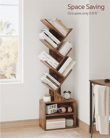 SUNMORY 6 Tier Tree Bookshelf, Small Bookcase with Storage Cabinet, Modern Tall Narrow Bookshelves Organizer, Floor Standing Book Shelf for Bedroom/Living Room/Home Office/Corner, Rustic Brown - Image 3