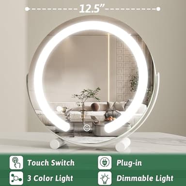 ROLOVE Vanity Mirror with Lights, 12 Inch Light Up Makeup Mirror, LED Makeup Mirror with Lights for Bedroom Tabletop, Smart Touch Control 3 Colors Dimmable, 360° Rotation, White - Image 6