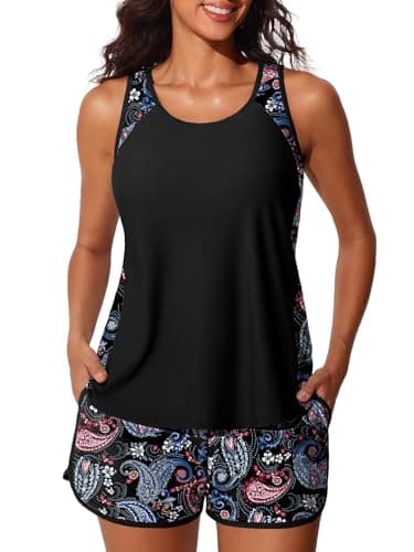 Summer Mae Blouson Tankini Swimsuits for Women 2025 Tummy Control Two Piece Bathing Suits with Sporty Pockets Swim Shorts Black Paisley Size 12 - Image 1