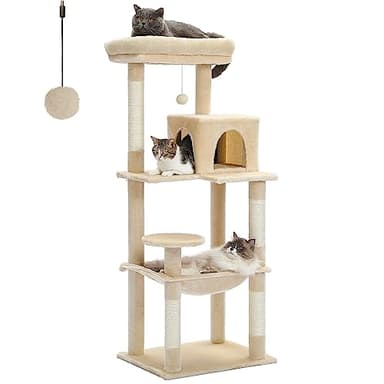PETEPELA 56.3 Inches Multi-Level Cat Tree Cat Tower with Sisal Covered Scratching Posts, Comfort Condo, Extra Large Hammock and Plush Perches Beige - Image 1