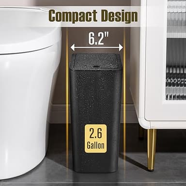 TrashAid 2 Pack Bathroom Trash Can with Lid, 2.6 Gallon / 10 Liter Small Garbage Can with Press Top Lid, Plastic Wastebasket with Pop-up Lids for Toilet, Office, Bedroom, Living Room, Black - Image 2