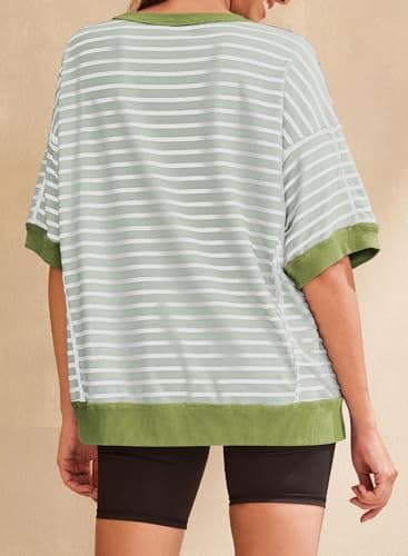 SHEWIN Shirts for Women 2025 Loose Short Sleeve Sweatshirt Cute Womens Summer Tops Dressy Casual Crewneck Color Block Tee Shirt Trendy Spring Outfits Mist Green Stripe XL - Image 4