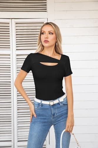VICHYIE Short Sleeve Shirts for Women Cutout Tops Ribbed Slim Fitted Summer One Piece Square Neck Pullover Tee Cute Tshirts Black M - Image 6