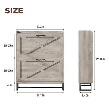 Maupvit Shoe Cabinet with 2 Flip Drawers, Freestanding Shoe Cabinet Organizer with Metal Legs, Shoes Storage Cabinet for Entryway, Narrow Shoe Rack Cabinet, Washed Gray - Image 2