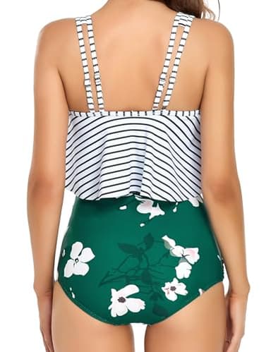 Edelqual Tankini Swimsuits for Women Plus Size Tummy Control Bathing Suit Two Piece Top Modest Full Coverage High Waisted Bikini Bottom Swimwear Set(Striped Green L) - Image 4