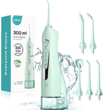 COSLUS Water Dental Flosser Teeth Pick: Portable Cordless Oral Irrigator 300ML Rechargeable Travel Irrigation Cleaner IPX7 Waterproof Electric Flossing Machine for Teeth Cleaning C20(F5020E) Green - Image 1