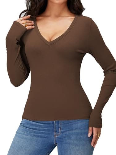 iGENJUN Women Long Sleeve V Neck Shirts for Women Business Casual Work Top Knit Slim Fit for Fall,XL, Brown - Image 2
