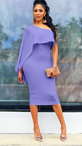 GOBLES Women's Summer Sexy One Shoulder Ruffle Bodycon Midi Cocktail Dress Lavender - Image 2