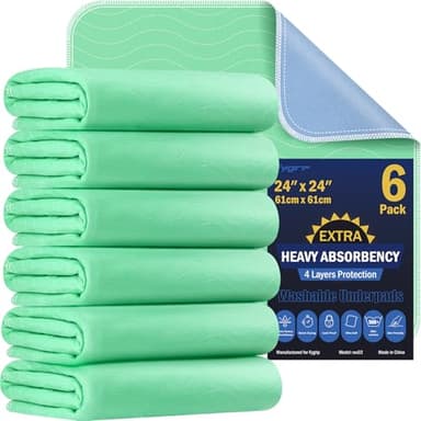 6 Pack 24” x 24” Extra Heavy Absorbency Washable Underpads, Waterproof Nursing Pads Incontinence Bed Pads, Reusable Washable Pee Pads for Dogs, Diaper Changing & Adults, Washable Puppy Pads - Image 1