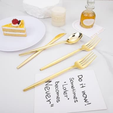 PULOTE 150PCS Gold Plastic Silverware Disposable - Heavy Duty Gold Plastic Cutlery - Gold Plastic Utensils Set Include 50 Knives,50 Forks,50 Spoons for Party&Wedding - Image 3