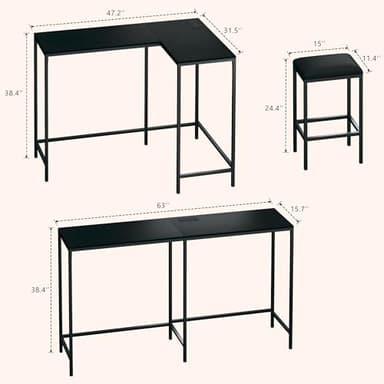 HUAHUU Bar Table and Chairs Set for 2-4, 63'' Convertible L-Shaped Kitchen Table with Power Outlets, 3 Piece Counter Height Small Dining Table with 2 Stools, Space Saving, Breakfast Nook Corner, Black - Image 8