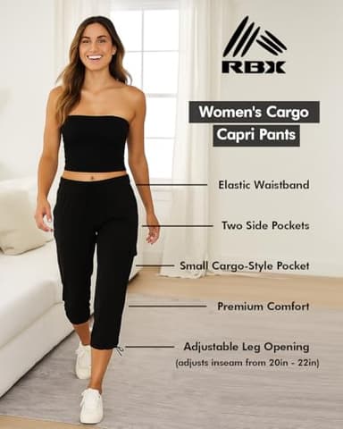RBX Active Women's Cargo Capri Pant with Pockets Fashion Lightweight Woven with Drawstring Jet Black L - Image 2