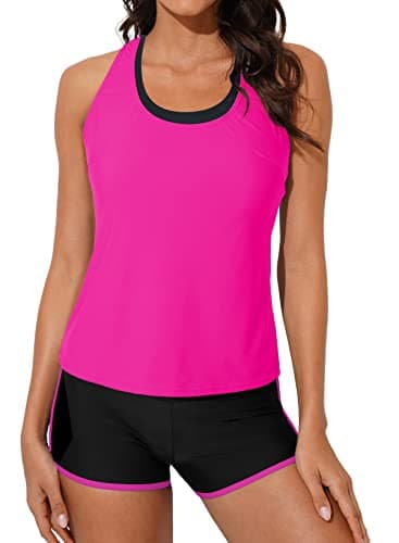 Aleumdr 3 Piece Womens Tankini Swimsuits with Shorts Athletic Bathing Suits Tank Tops with Bra and Boyshorts Rose 20 Plus - Image 1