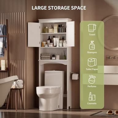 Gizoon Over The Toilet Storage Cabinet with Adjustable Shelf and Double Doors, Bathroom Space Saver Organizer Above Toilet with Open Shelf, Taller Wooden Free Standing Toilet Rack -White - Image 3
