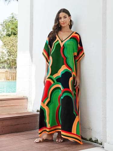 IMAGEKOPE Women's Plus Size Loose Fit Moroccan Print V-Neck Batwing Kaftan Beach Dress Bathing Suit Cover Up - Image 7