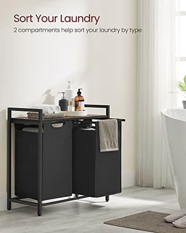 VASAGLE Laundry Hamper, Laundry Basket, Laundry Sorter with 2 Pull-Out and Removable Bags, Shelf, Metal Frame, 2 x 12.1 Gallons (46 L), 28.8 x 13 x 28.4 Inches, Ink Black and Rustic Brown UBLH201B01 - Image 3