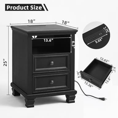 SAVOR LIFE Farmhouse Nightstand Set of 2 with Charging Station, Rustic Black Nightstand,2 Drawers End Table for Living Room,Bedside Table with Open Shelf for Bed Room,Black - Image 3